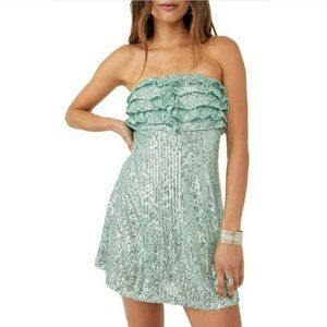 Free People Frida Sequin Ruffle Strapless Mini dress In Island Sea